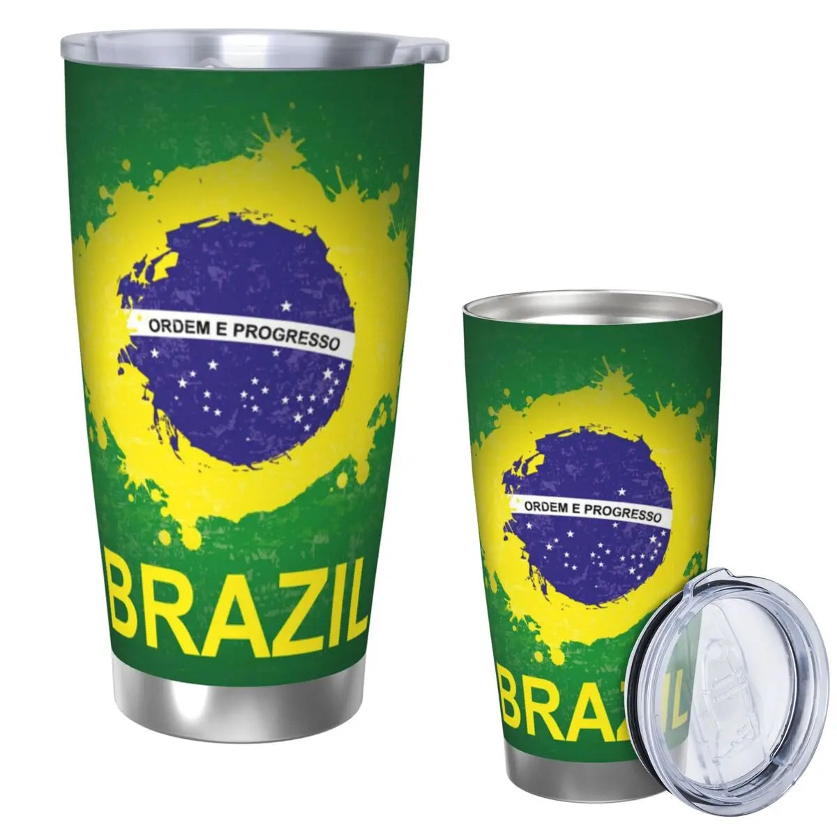 Copo de aço inoxidável com bandeira do Brasil, caneca isolada a vácuo, copos térmicos frios, canudos com tampa, 20 onças
