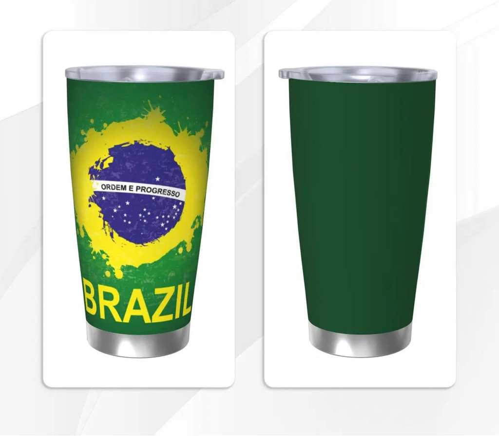 Copo de aço inoxidável com bandeira do Brasil, caneca isolada a vácuo, copos térmicos frios, canudos com tampa, 20 onças