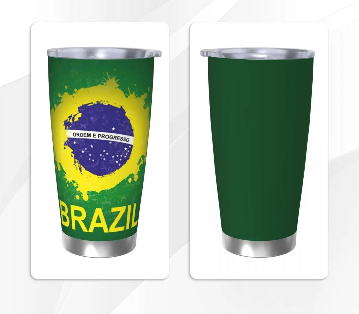 Copo de aço inoxidável com bandeira do Brasil, caneca isolada a vácuo, copos térmicos frios, canudos com tampa, 20 onças