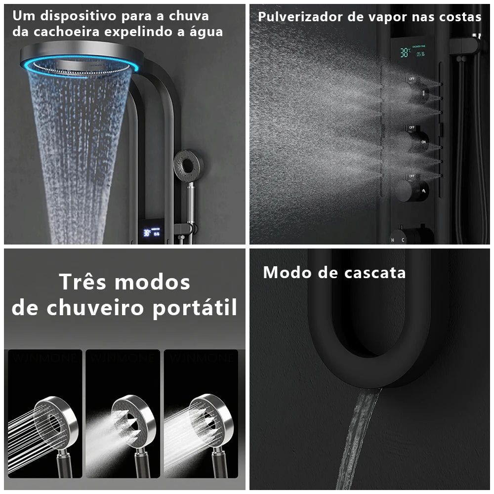 Moderno high end chuvas painel de chuveiro spa massagem jato cachoeira chuveiros coluna torneiras conjunto display led inteligente sistema chuveiro do banheiro Torneira misturadora termostática latão banheira