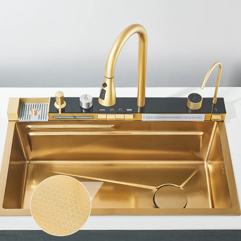Pia de cozinha de aço inoxidável com torneira 75*45cm grande tigela única display digital pia cascata torneiras quentes e frias