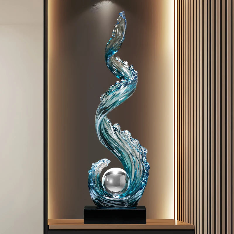 Decoração de casa decorações de subindo de vento e água, escultura de resina azul luxo sala de estar entrada decoração de arte vertical personalizada