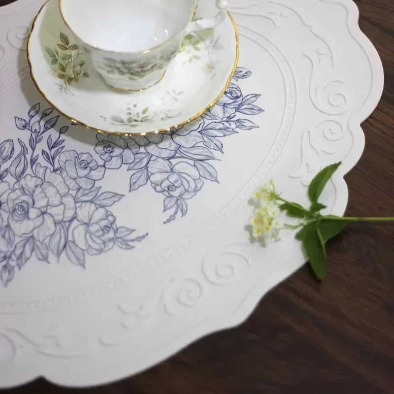 Tapete de jantar esculpido em silicone, padrão retrô, tapete de mesa floral para mesa de jantar, cozinha, café, utensílios de mesa, à prova d'água
