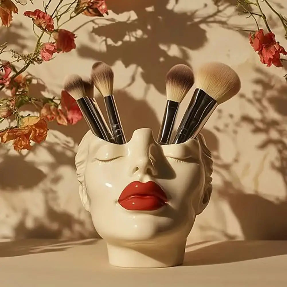 Feminino contorno design caneta titular artesanal artístico forma feminina cabeça vaso de maquiagem escova titular elegante rosto vaso decoração