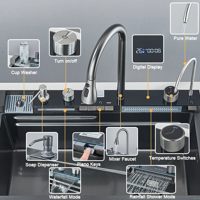 Pia de cozinha de aço inoxidável com torneira 75*45cm grande tigela única display digital pia cascata torneiras quentes e frias