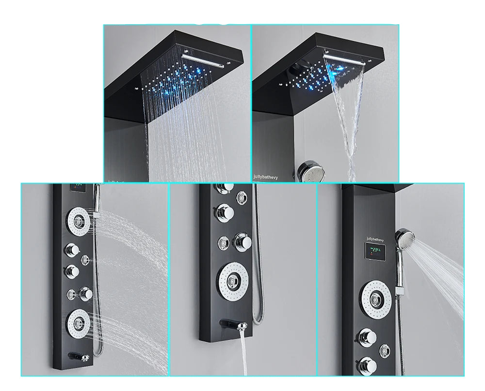 Painel de chuveiro led sistema torre chuva cachoeira coluna chuveiro com spa massagem temperatura tela baignoira misturador água torneira conjunto
