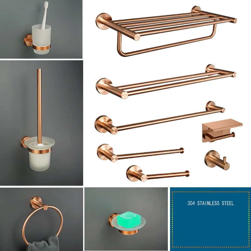 Brushed Rose Gold Stainless Steel Wall-mounted Elegant Bathroom Set Paper Towel Stick Toilet Bathroom Robe Soap Soap Dishwasher