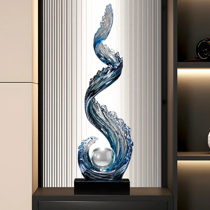 Decoração de casa decorações de subindo de vento e água, escultura de resina azul luxo sala de estar entrada decoração de arte vertical personalizada