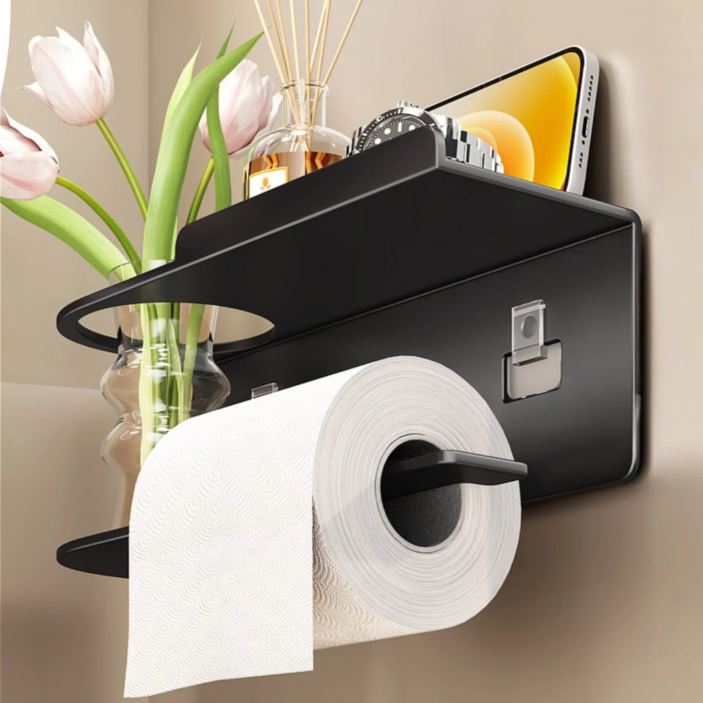 Suporte de papel higiênico autoadesivo com prateleira de telefone Suporte de rolo de papel higiênico montado na parede de aço inoxidável - à prova de ferrugem