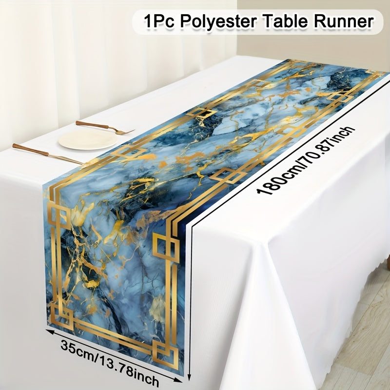 Caminho de Mesa Elegante em Mármore com 35.0 X 180.01 cm - Apresenta um Borda Dourada com Textura em Branco, Preto e Azul. Feito de Poliéster, é Ideal para Decorar Mesas de Jantar e Cozinha Durante Festas e Celebrações