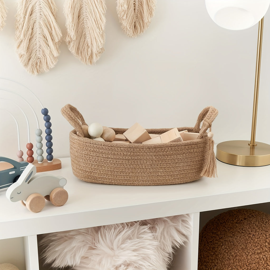 Bohemian Woven Fabric Toilet Paper Basket with Tassels - No-Installation Bathroom Storage Shelf & Decorative Hanging Toilet Tank Organizer, Cloth Basket for Towels, Tubes & Small Items - Decorative Bath Shelf for Modern or traditional rooms, Toilet