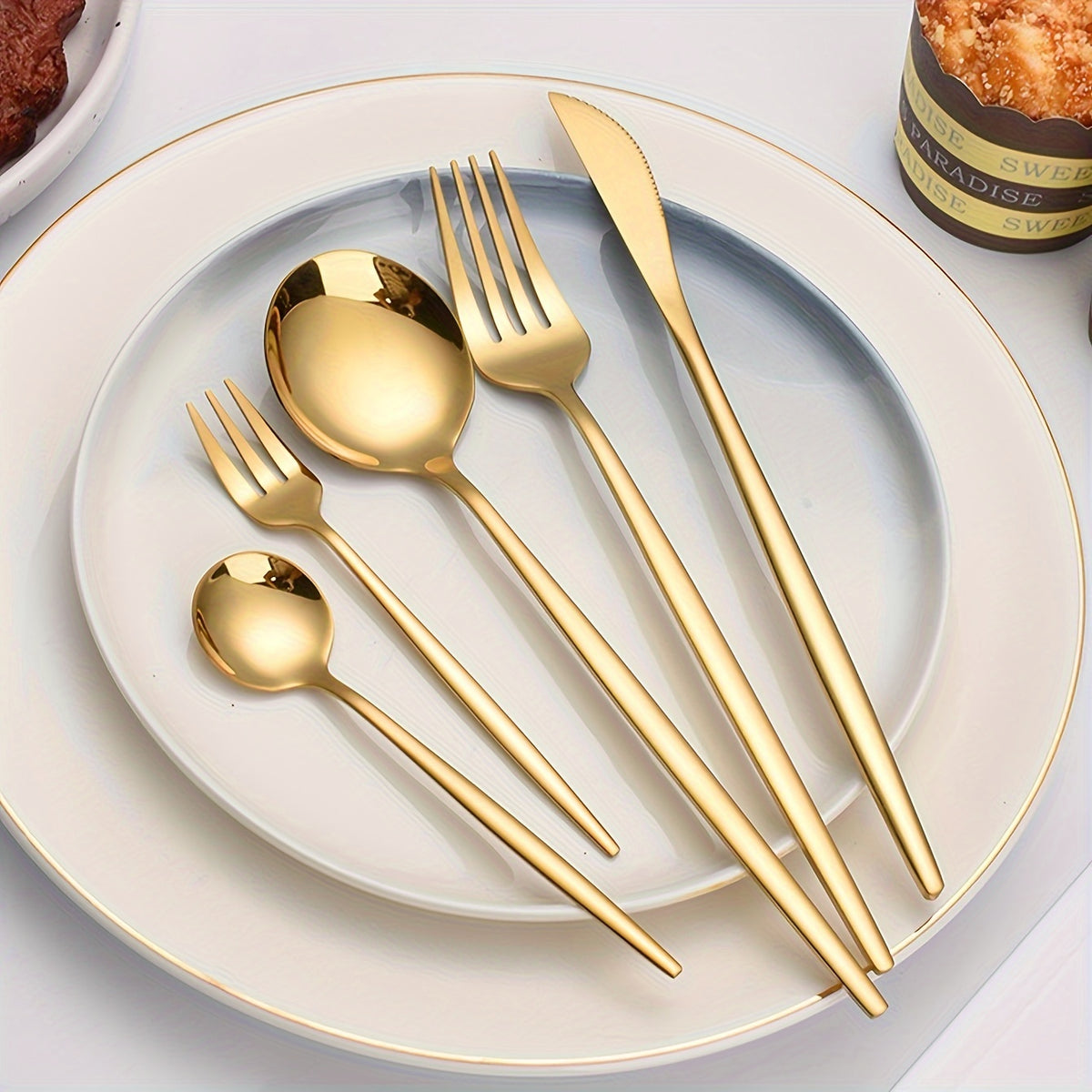 30 Peças de Talheres de Aço Inoxidável Dourado de Alta Resistência - Conjunto Elegante com Facas, Garfos, Colheres e Colheres de Sobremesa - Ideal para Casa, Casamentos, Festas, Restaurantes - Seguro para Lava-Louças, Aço 410