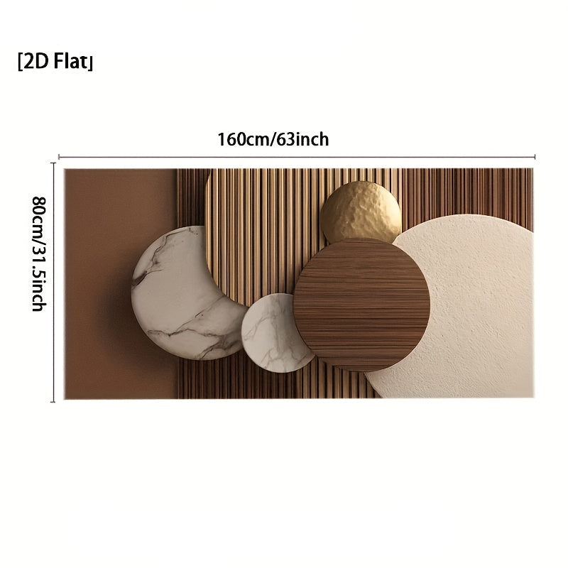 [2D Flat] Uma Grande Arte de Parede em Tela Minimalista Moderna Apresentando um Design Circular Abstrato em Bege, Castanho, Branco e Dourado. Esta Peça Contemporânea Sem Moldura é Ideal para Decorar Salas de Estar, Quartos e Escritórios em Casa