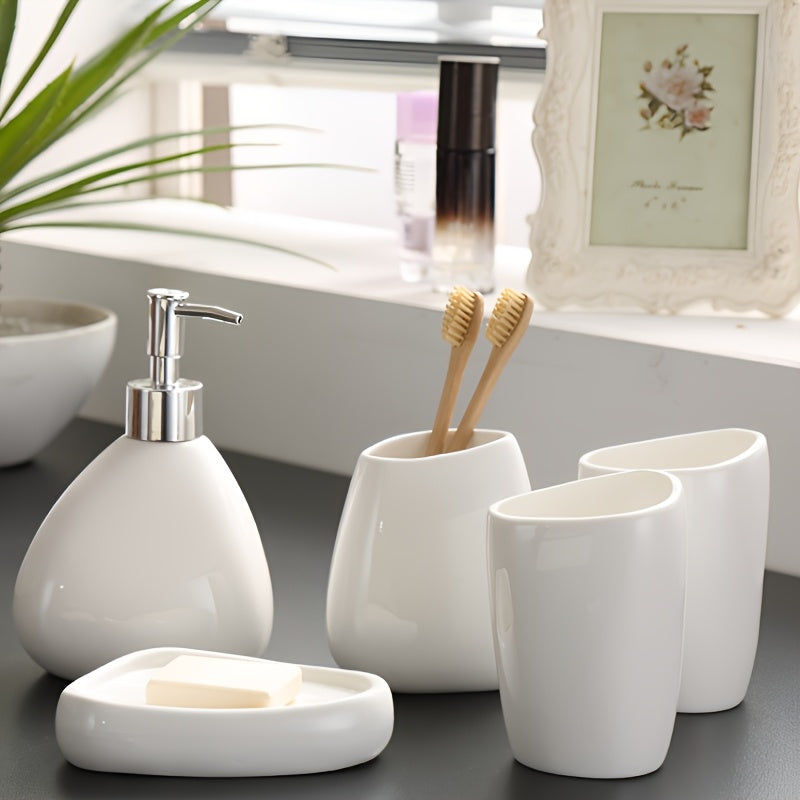 Conjunto de Banheiro Moderno em Cerâmica Branca - 5 Peças - Acessórios de Luxo Completo com Dispensador de Sabonete, Porta-Escova de Dentes, Saboneteira e Copo para Enxaguante Bucal - Resistente a Manchas, Fácil de Limpar e Durável para Banheiros de Casa e Hotel (Sem Instalação)