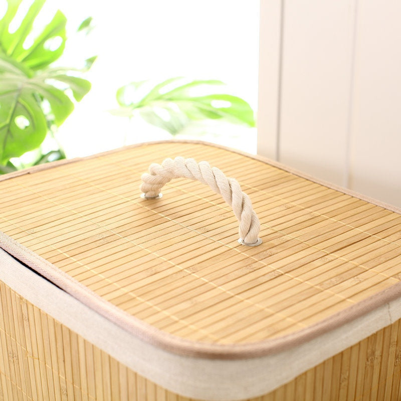 Dirty Laundry Basket 72 LITERS Bamboo Rectangular Lid Coated Quarter Bathroom Foldable
