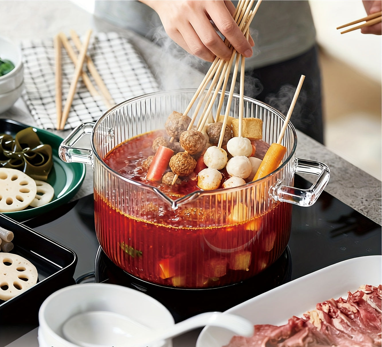 61oz/78oz Stylish Double-Handled Vertical Striped Transparent Glass Small Pot, High Borosilicate Glass Material, Heat-Resistant, Suitable for Open Flame, Electric, and Ceramic Stoves, Transparent Visible Stewing Pot, Household Pot for 1-2 People