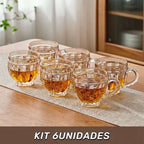 Jogo 6 Xícaras Chá e Café 260ml Itália Âmbar Cristal Dourado Luxuoso