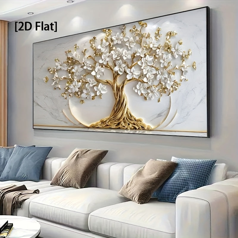 [2D Flat] Uma Grande Obra de Arte Abstrata Moderna Sem Moldura Apresentando a Árvore da Vida com Folhas Douradas e Flores Brancas, Perfeita para Decorar uma Sala de Estar, Quarto ou Escritório. Este Design 2D Flat Elegante Serve Como Uma Peça de Arte de Parede Luxuosa.