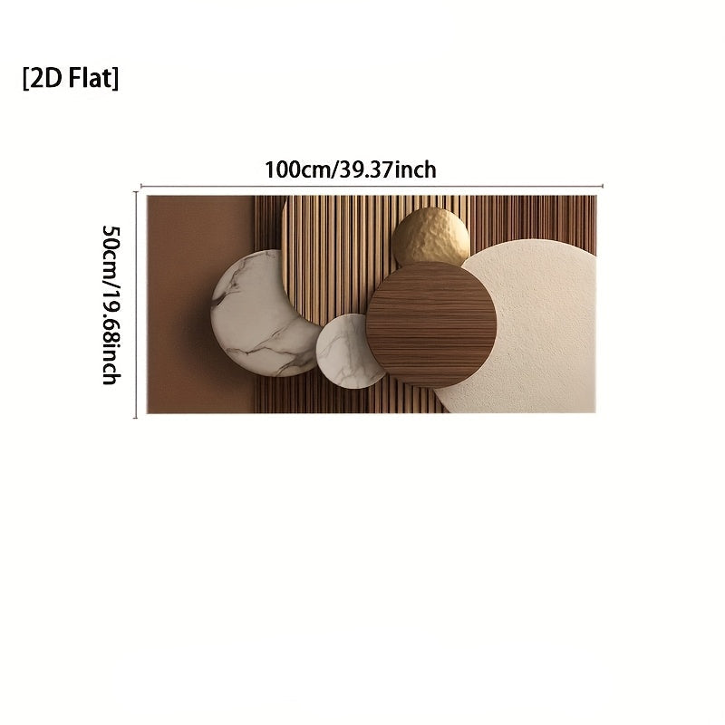 [2D Flat] Uma Grande Arte de Parede em Tela Minimalista Moderna Apresentando um Design Circular Abstrato em Bege, Castanho, Branco e Dourado. Esta Peça Contemporânea Sem Moldura é Ideal para Decorar Salas de Estar, Quartos e Escritórios em Casa