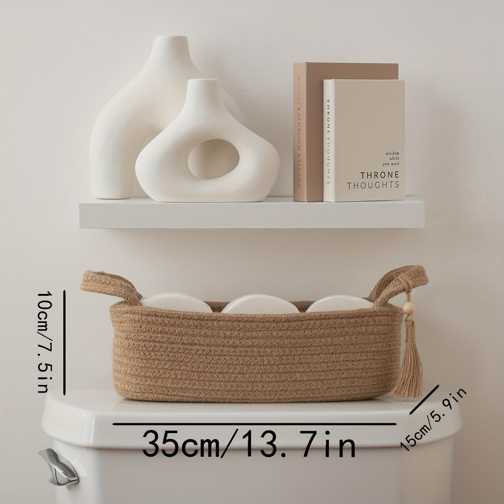 Bohemian Woven Fabric Toilet Paper Basket with Tassels - No-Installation Bathroom Storage Shelf & Decorative Hanging Toilet Tank Organizer, Cloth Basket for Towels, Tubes & Small Items - Decorative Bath Shelf for Modern or traditional rooms, Toilet