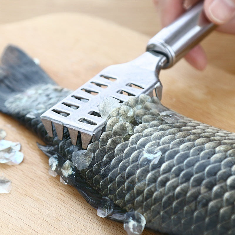 Conjunto de 4 Removedores de Escamas de Peixe e Escova em Aço Inoxidável - Ferramenta de Cozinha Robusta em Aço Inoxidável 430 com Cabo Ergonómico, Bordas Serrilhadas para Fácil e Rápido