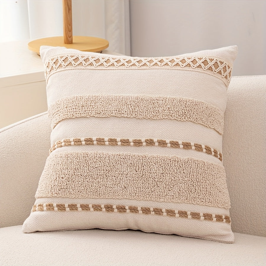 1pc Capa de Almofada Decorativa Bohemia Bordada - Design Geométrico Marroquino, 45.72x45.72 cm, Hipoalergênica para Sofá e Quarto, Fechamento com Zíper (Sem Enchimento), Tecido Texturizado Espesso, Decoração Rústica Champanhe para Sala e Quarto, Acessório para Cama ou Sofá