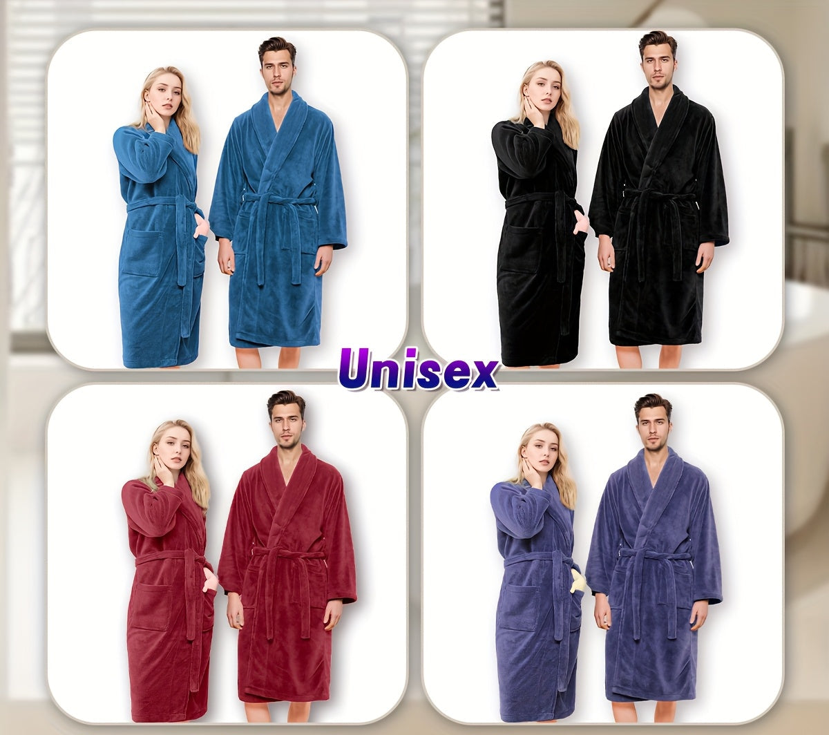 Roupão Unissex de Fleece Coral Extra Quente para Homens e Mulheres, Roupões Adultos para Banheiro, Toalha de Banho, Roupão com Gola Xale, Presente de Dia dos Namorados para Casais