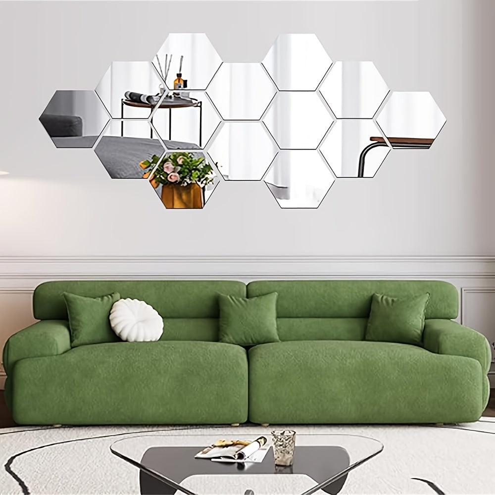 13 unidades Espelho Hexagonal Prateado | Autocolantes de Parede Autoadesivos em Acrílico de 100mm para Decoração de Casa de Banho, Sala de Estar, Quarto