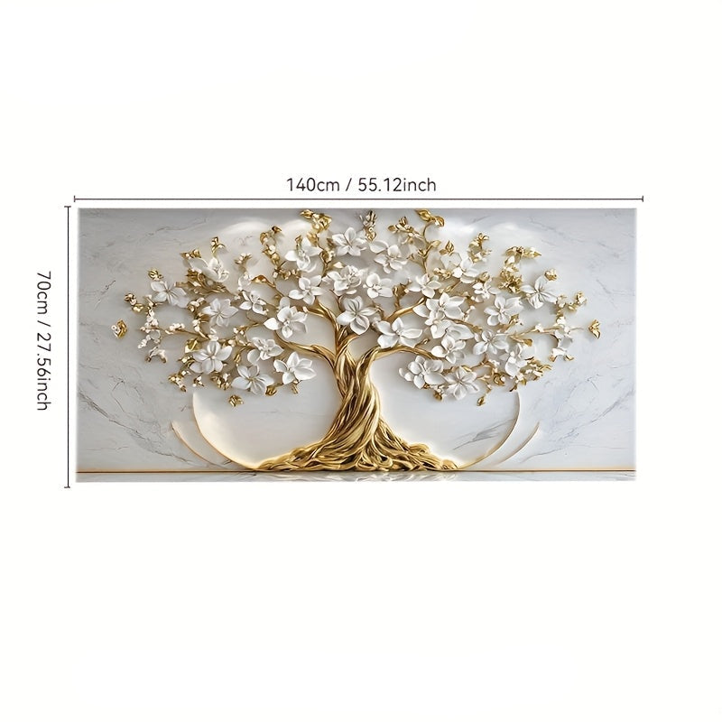 [2D Flat] Uma Grande Obra de Arte Abstrata Moderna Sem Moldura Apresentando a Árvore da Vida com Folhas Douradas e Flores Brancas, Perfeita para Decorar uma Sala de Estar, Quarto ou Escritório. Este Design 2D Flat Elegante Serve Como Uma Peça de Arte de Parede Luxuosa.