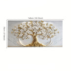 [2D Flat] Uma Grande Obra de Arte Abstrata Moderna Sem Moldura Apresentando a Árvore da Vida com Folhas Douradas e Flores Brancas, Perfeita para Decorar uma Sala de Estar, Quarto ou Escritório. Este Design 2D Flat Elegante Serve Como Uma Peça de Arte de Parede Luxuosa.