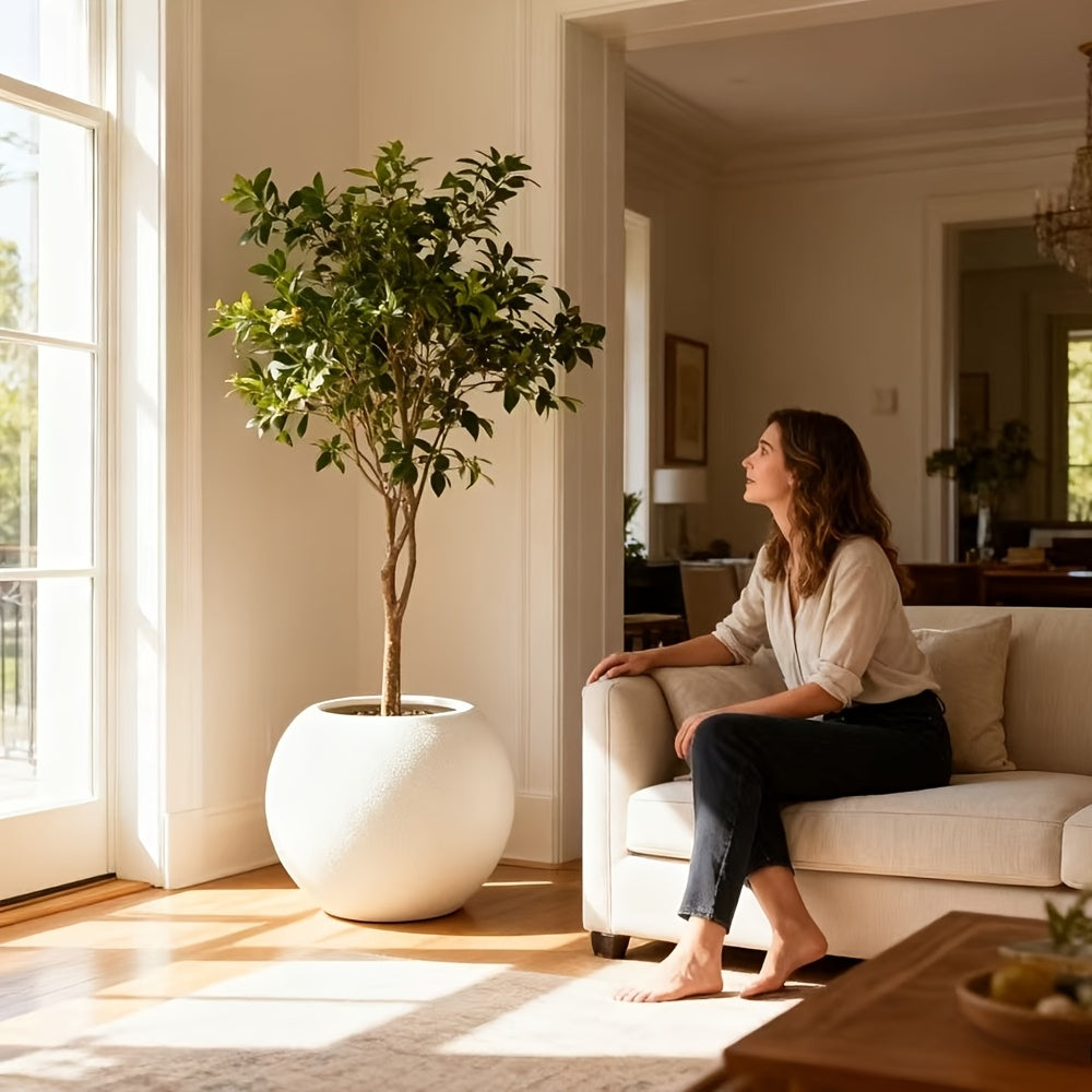 Floreira de Chão Esférica Branca Minimalista | Vaso de Plástico Resistente às Intempéries para Plantas de Interior e Exterior & Decoração Festiva, Estilo Contemporâneo, Formato Redondo