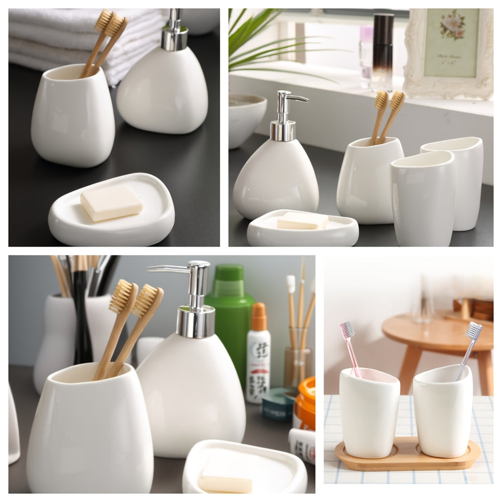 Conjunto de Banheiro Moderno em Cerâmica Branca - 5 Peças - Acessórios de Luxo Completo com Dispensador de Sabonete, Porta-Escova de Dentes, Saboneteira e Copo para Enxaguante Bucal - Resistente a Manchas, Fácil de Limpar e Durável para Banheiros de Casa e Hotel (Sem Instalação)