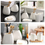 Conjunto de Banheiro Moderno em Cerâmica Branca - 5 Peças - Acessórios de Luxo Completo com Dispensador de Sabonete, Porta-Escova de Dentes, Saboneteira e Copo para Enxaguante Bucal - Resistente a Manchas, Fácil de Limpar e Durável para Banheiros de Casa e Hotel (Sem Instalação)