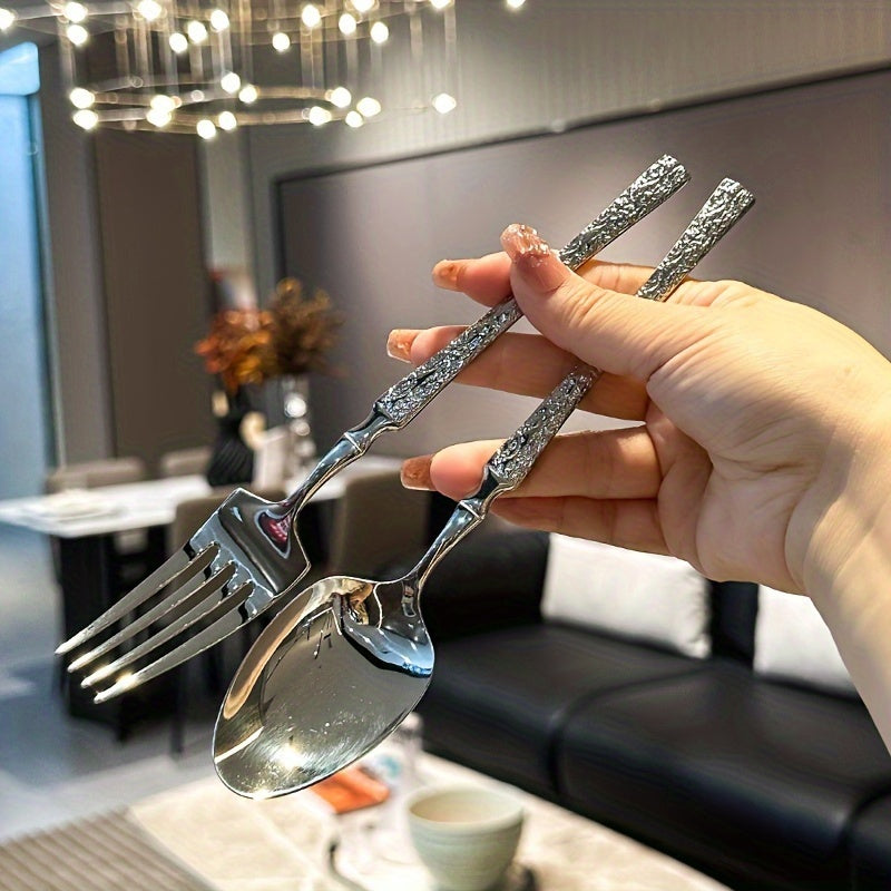 Conjunto de Talheres em Aço Inoxidável de 4/16/24 peças, Cabo de Talher com Padrão Martelado para Essenciais Domésticos, Talheres de Faca, Garfo e Colher de Alta Qualidade, Adequado para Casamentos, Hotéis, Restaurantes, Natal, Halloween, Ação de Graças, Dia dos Namorados, Dia da Mãe