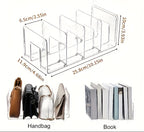 Organizador Vertical Compacto com Compartimentos Transparentes e Ganchos | Estrutura de Plástico, Ideal para Bolsas, Sapatos, Livros, Roupa - Fácil de Montar, Base Estável, Moderno - Adequado para Roupeiros, Armários, Expositores de Retalho, Prateleiras Utilitárias