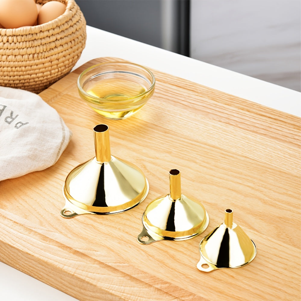 Conjunto de Funil de Aço Inoxidável Banhado a Ouro para Óleos Essenciais, Especiarias, Líquidos, Utensílios de Cozinha, Embalagem de Grau Alimentício, Funil Portátil