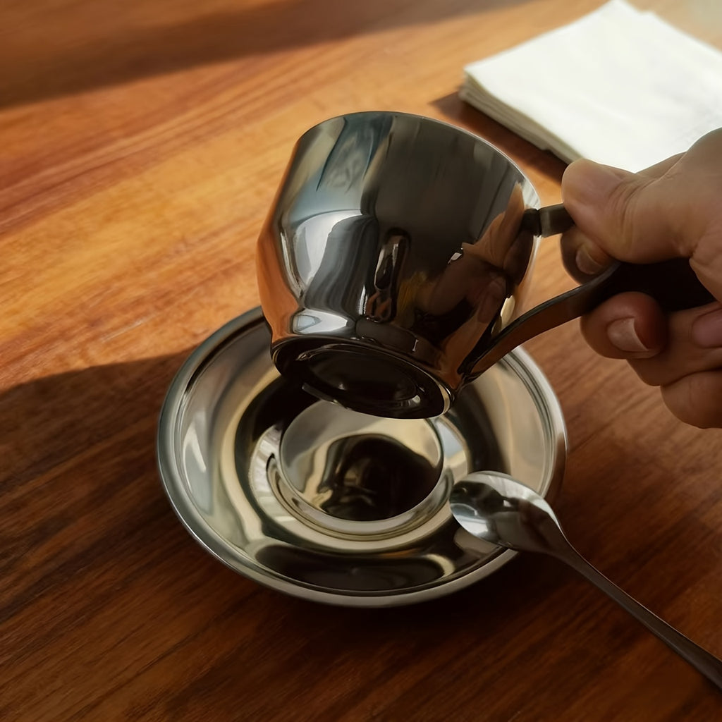 3pcs/sets 304 Thickened Stainless Steel Coffee Cup | Double-walled Insulated Cup | Home/Office Set with Saucer and Spoon (3pcs) - Simple Design, Easy to Clean, Long-lasting Use