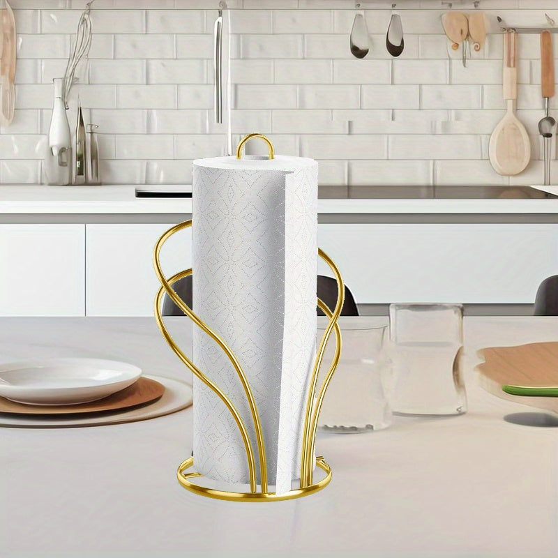 Elegant Golden Tissue Holder with Weighted Base - Freestanding Countertop Paper Towel Rack for Kitchen & Bathroom, Decorative Multi-Loop Design, Towel Holder for Bathroom