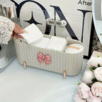 1pc Caixa de Armazenamento de Cosméticos de 3 Compartimentos, uma Bonita Caixa de Armazenamento de Pó com Palhinha em Forma de Laço, Caixa de Armazenamento com Tampa Transparente de Grande Capacidade, Adequada para Casa de Banho, Toucador, Decoração de Armazenamento, Ideal para Presentes de Aniversário, Ano Novo, Presentes de Natal e Presentes de Feriado