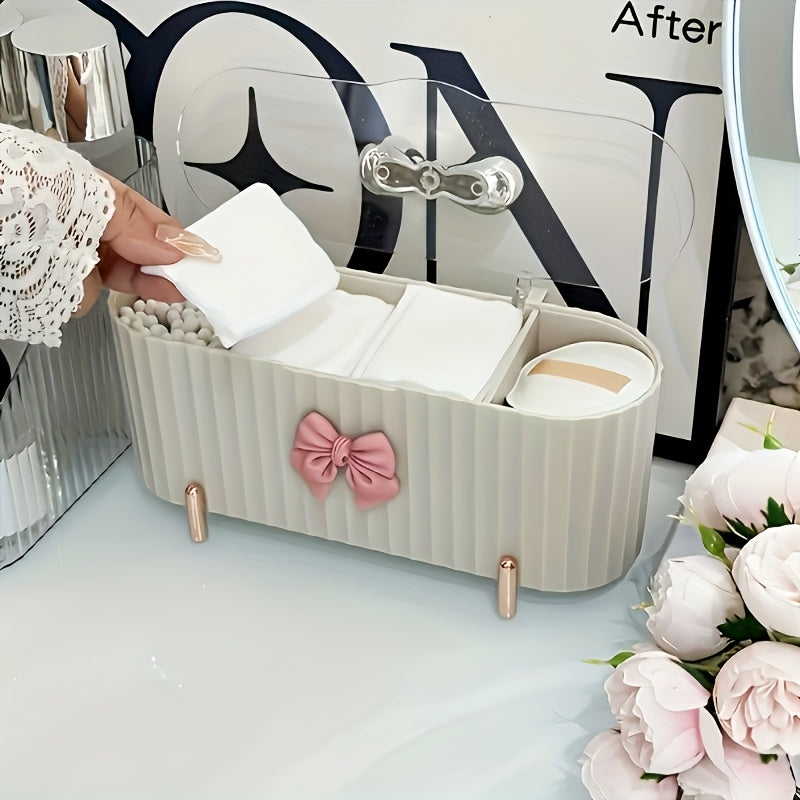 1pc Caixa de Armazenamento de Cosméticos de 3 Compartimentos, uma Bonita Caixa de Armazenamento de Pó com Palhinha em Forma de Laço, Caixa de Armazenamento com Tampa Transparente de Grande Capacidade, Adequada para Casa de Banho, Toucador, Decoração de Armazenamento, Ideal para Presentes de Aniversário, Ano Novo, Presentes de Natal e Presentes de Feriado
