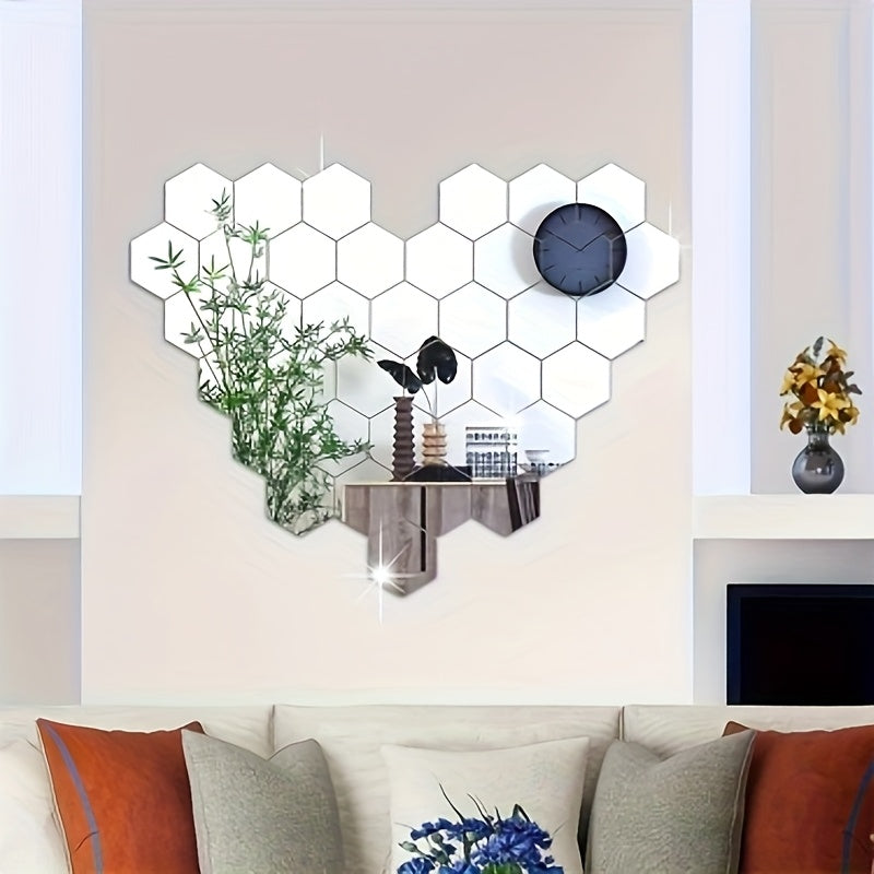 13 unidades Espelho Hexagonal Prateado | Autocolantes de Parede Autoadesivos em Acrílico de 100mm para Decoração de Casa de Banho, Sala de Estar, Quarto