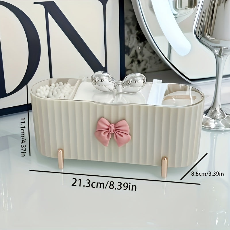 1pc Caixa de Armazenamento de Cosméticos de 3 Compartimentos, uma Bonita Caixa de Armazenamento de Pó com Palhinha em Forma de Laço, Caixa de Armazenamento com Tampa Transparente de Grande Capacidade, Adequada para Casa de Banho, Toucador, Decoração de Armazenamento, Ideal para Presentes de Aniversário, Ano Novo, Presentes de Natal e Presentes de Feriado