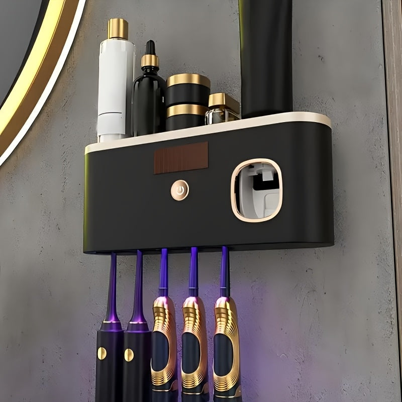 Um Suporte Inteligente para Escovas de Dentes para Organizar Escovas de Dentes na Casa de Banho, Com um Dispensador Automático de Pasta de Dentes - Montado na Parede, com 5 Compartimentos de Armazenamento, Feito de Plástico Durável, Bateria de Lítio Recarregável Via USB, Perfeito para Organização Moderna da Casa de Banho
