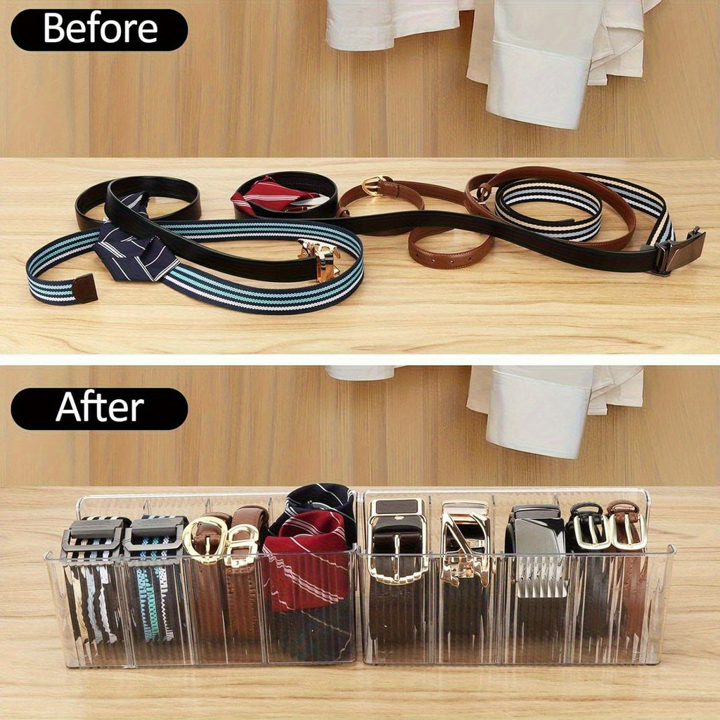Caixa de Armazenamento de Cintos em Acrílico Transparente com Divisórias - um Organizador Multifuncional de Alta Capacidade Adequado para Cintos, Cosméticos, Toucadores, Armários e Casas de Banho - um Tabuleiro de Plástico Durável para uma Organização Limpa e Arrumada, Caixa de Armazenamento de Cintos