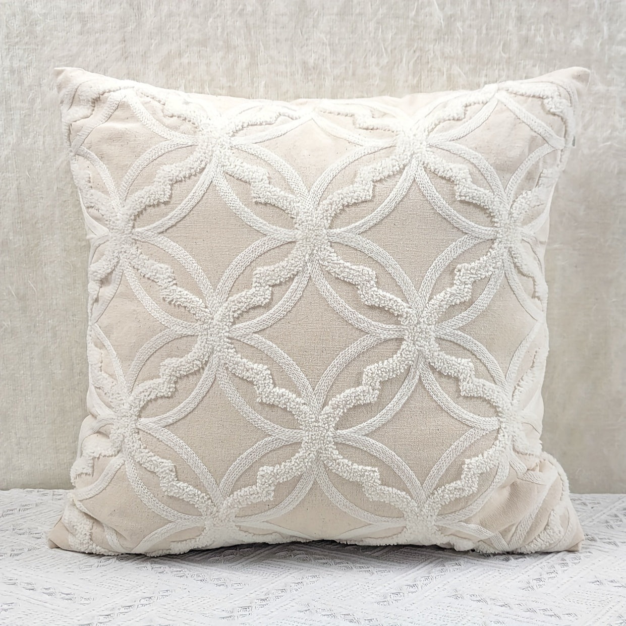 1 Peça Capa de Almofada com Bordado de Padrão Geométrico, Tecido Bege com Bordado Branco