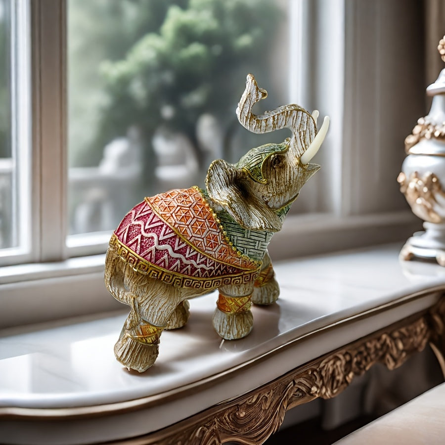 Uma Estátua de Elefante de Estilo Europeu, Feita de Resina, e de Artesanato Requintado, Serve Como Uma Peça Decorativa Única para a Casa, Símbolo de Boa Sorte e Riqueza, Tornando-a um Presente Ideal para Festas de Fim de Ano