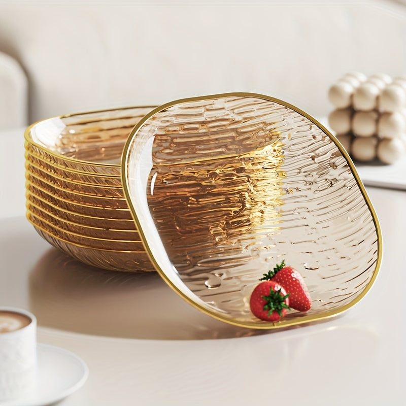 Conjunto de 4 Pratos Elegantes Transparentes para Snacks e Fruta com Borda Dourada, Fabricados com Materiais de Alta Qualidade para Alimentos, Formato Oval, Perfeitos para Refeições Familiares, Convívios e Todas as Estações, Adequados para Fruta, Snacks e Pratos de Servir.