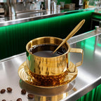 Conjunto de 3 Peças de Copos Premium em Aço Inoxidável Dourado | Inclui Copo, Prato e Colher, Ideal para Casa, Escritório, Cafés ou Lojas de Sobremesas, Capacidade de 150ml