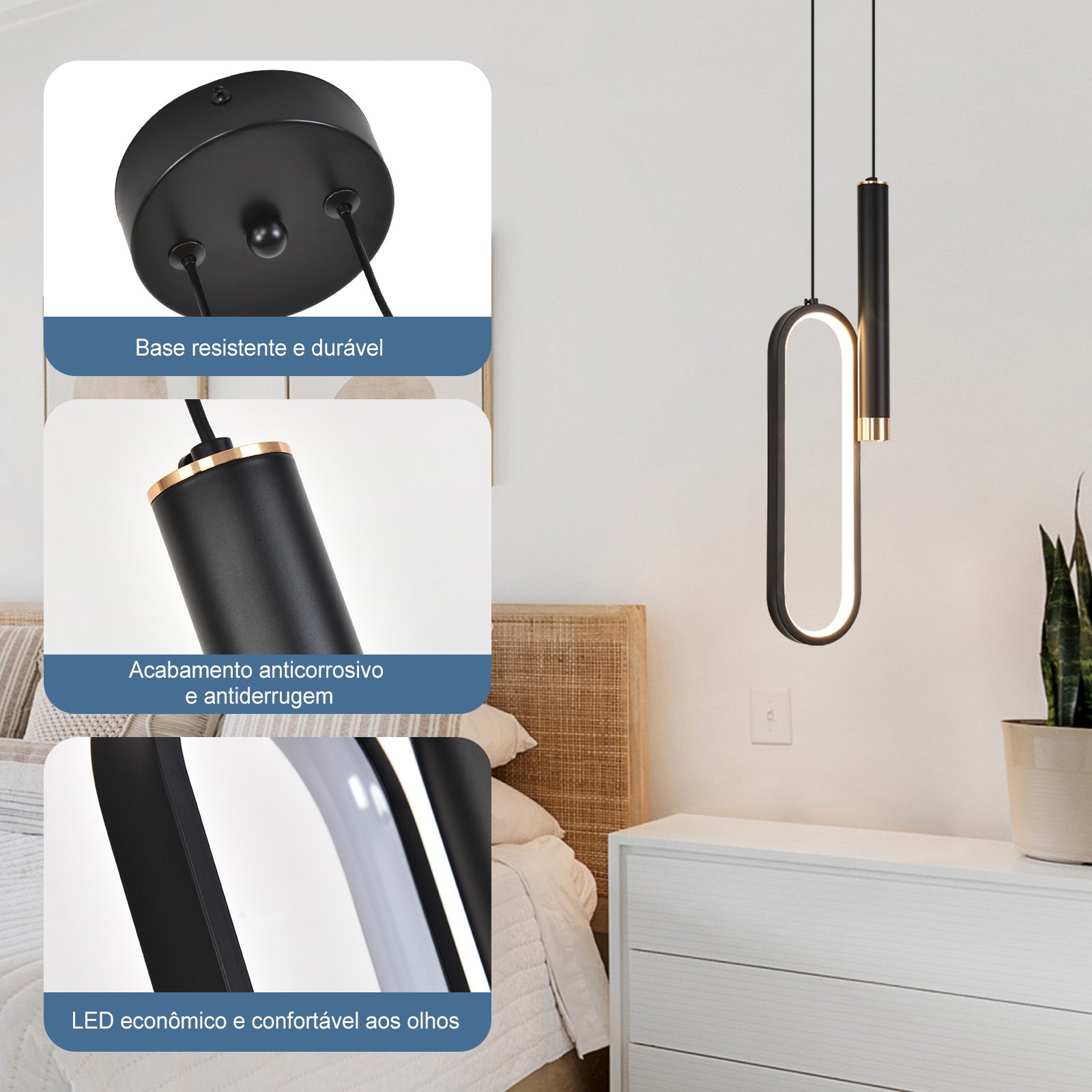 Modern Oval Pendant Light, 20W Adjustable Height LED Chandelier, 3-in-1 Dimmable LED with 100cm Adjustable Cord for Living Room, Bedroom, and Kitchen, Black