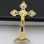 A Vintage Metal Statue of Christ Featuring an Intricate Cross Design - Perfect for Living Room Religious Decor, a Prayer Talisman, Adorned with Beautiful Golden And Red Accents, Suitable for Church Use